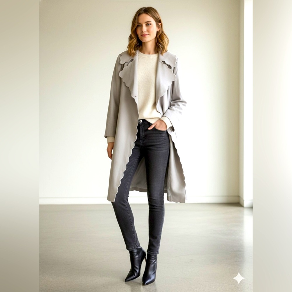 Club Monaco Grey Faux Suede Lightweight Coat with Scalloped Edges and Collar XS